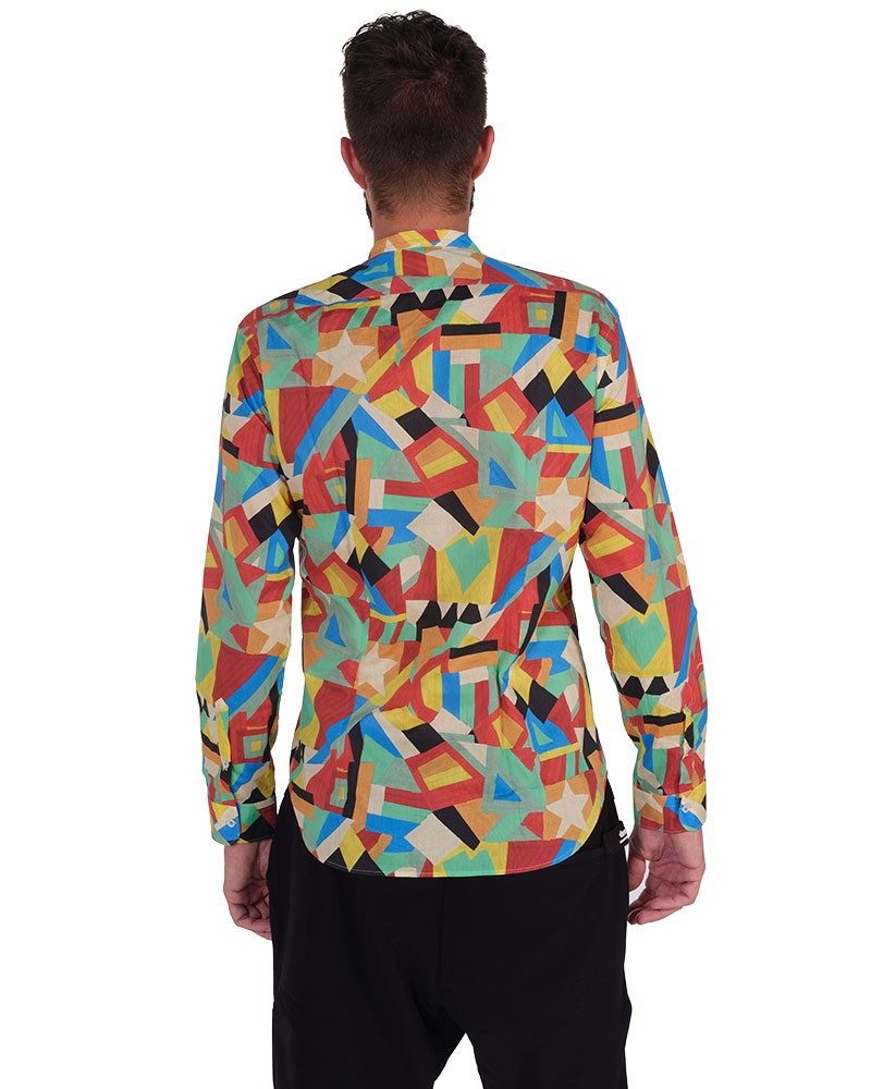 Camicia fantasia geometrica multicolor, Collo coreano