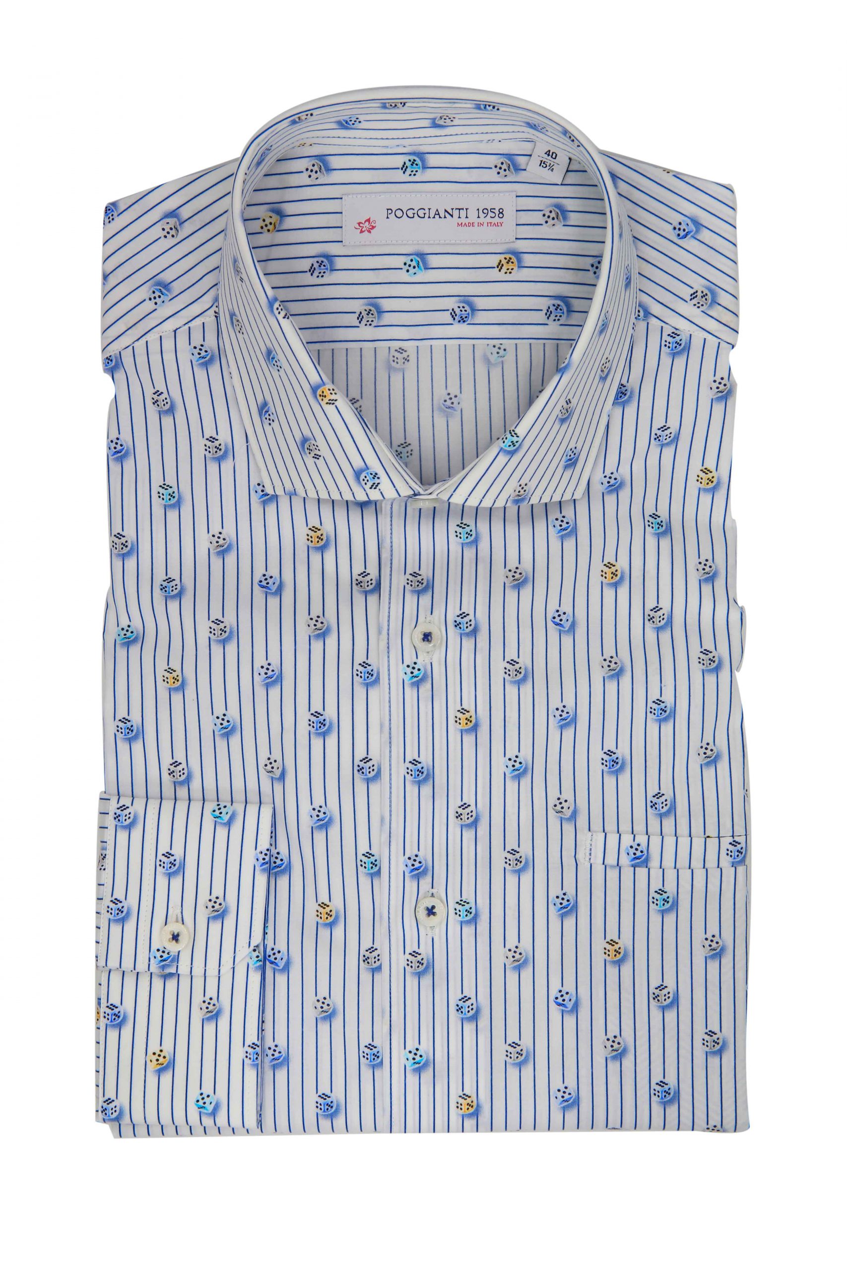 Poggianti Camicia Fantasia Collo Morbido Azzurro/Bianco