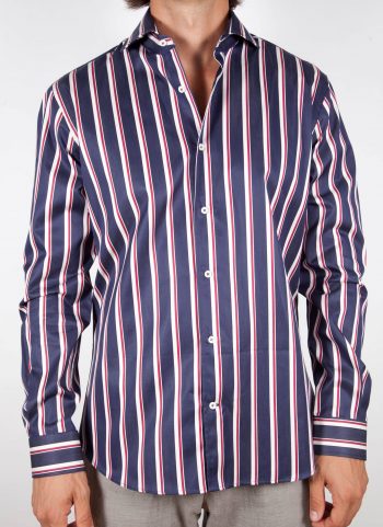 Shirt with blue and white lines.