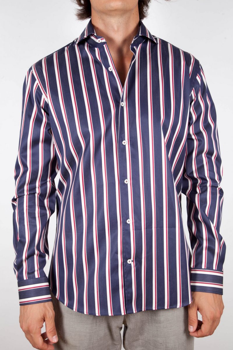 Shirt with blue and white lines.