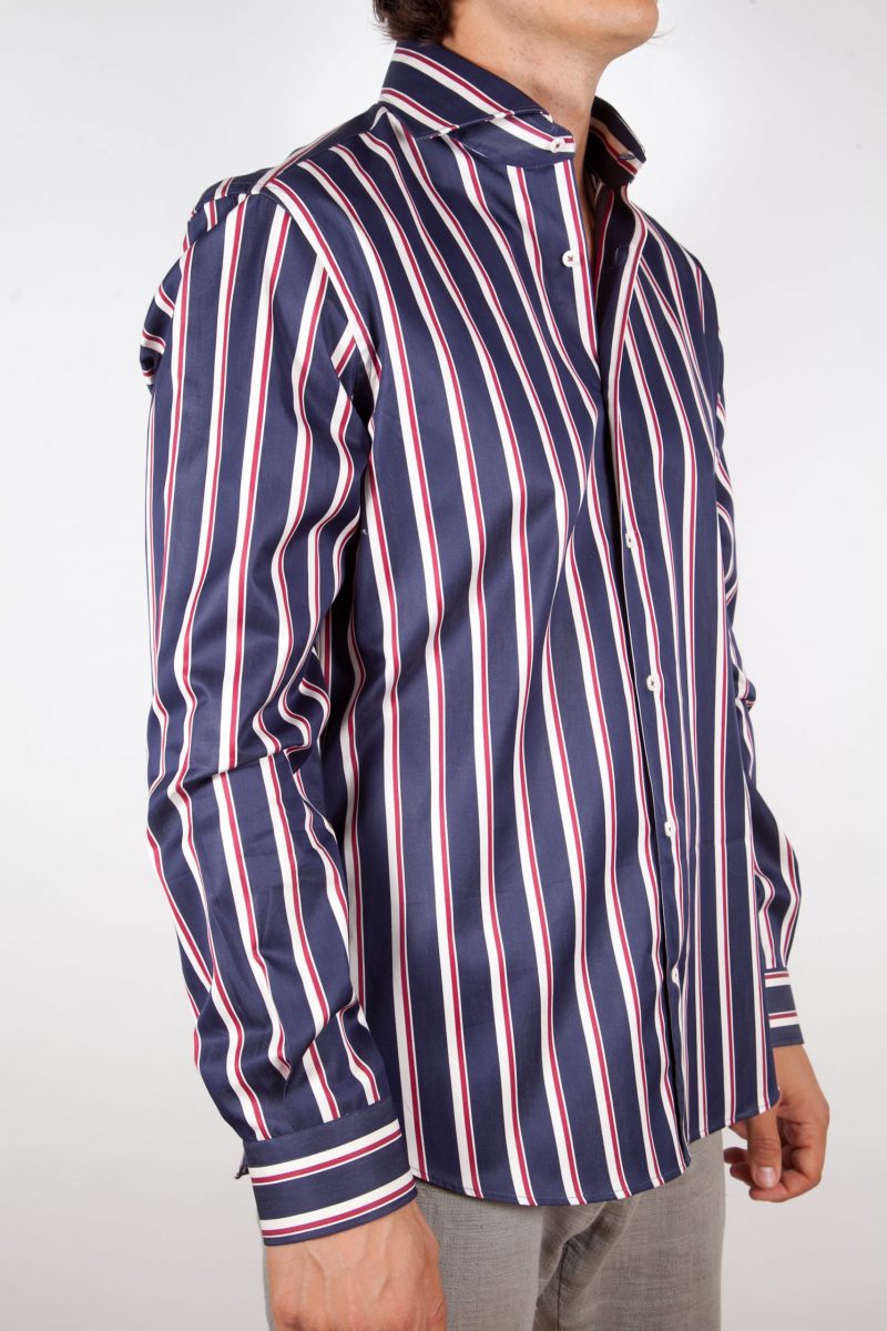 Shirt with blue and white lines.