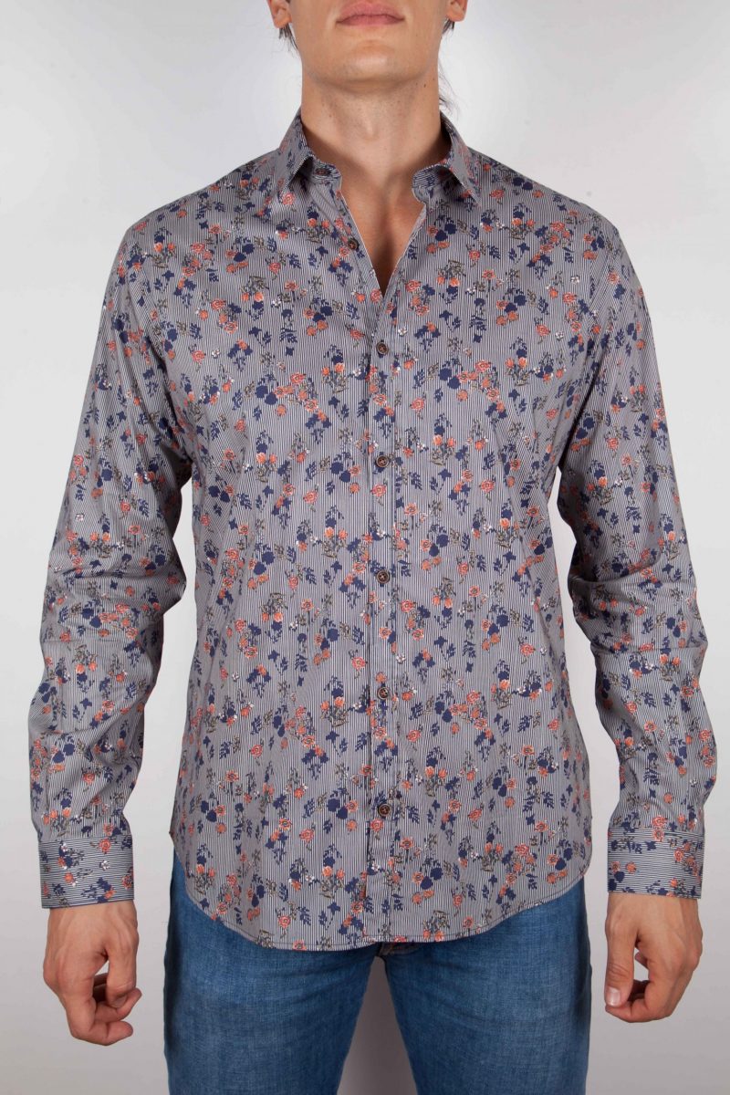 Camicia Fantasia su riga Blu Collo Italiano