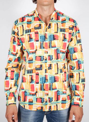 Multicolor Patterned Shirt with Mandarin Collar