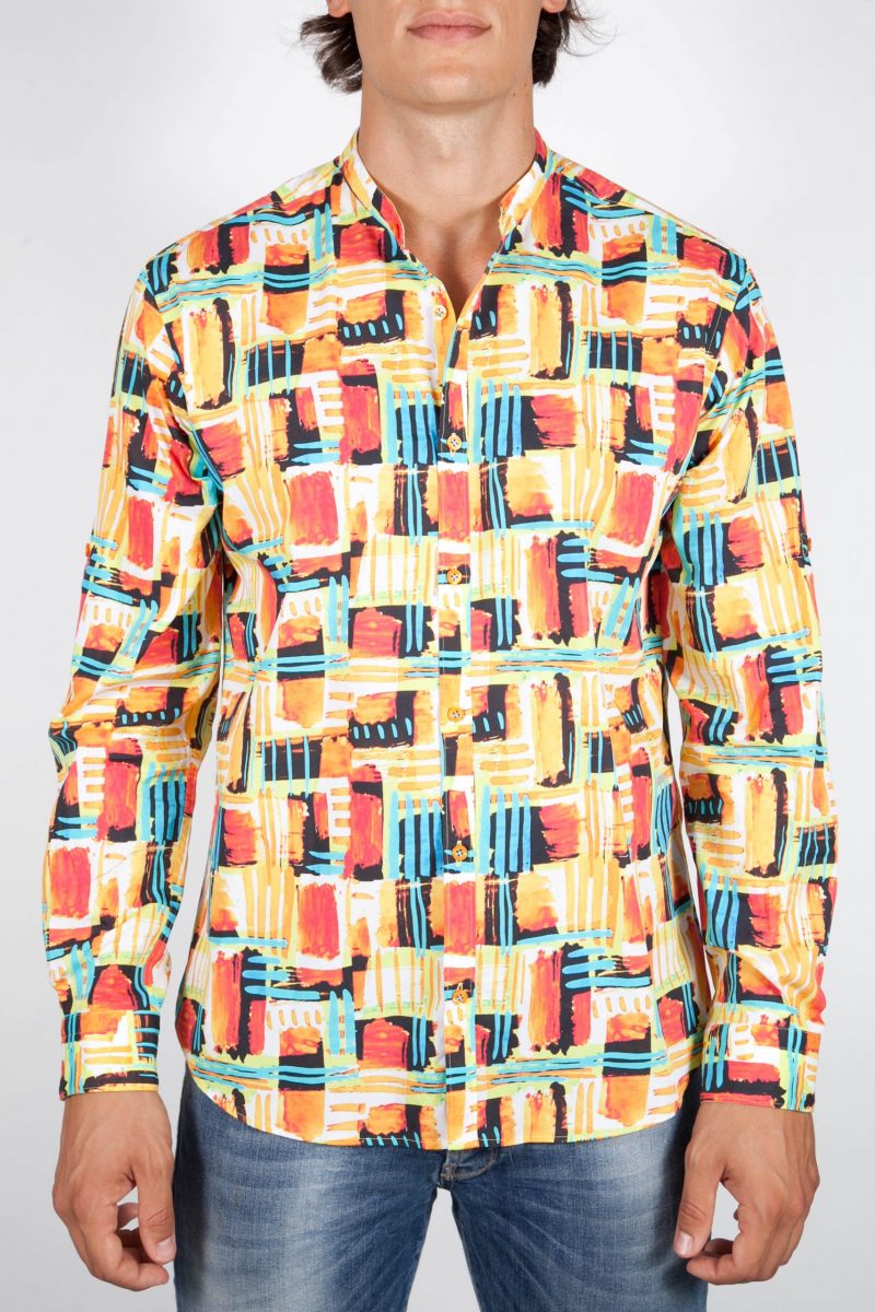 Multicolor Patterned Shirt with Mandarin Collar