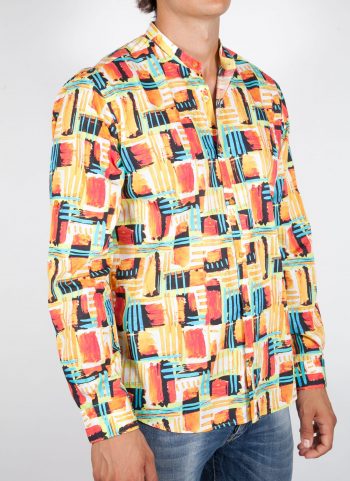 Multicolor Patterned Shirt with Mandarin Collar