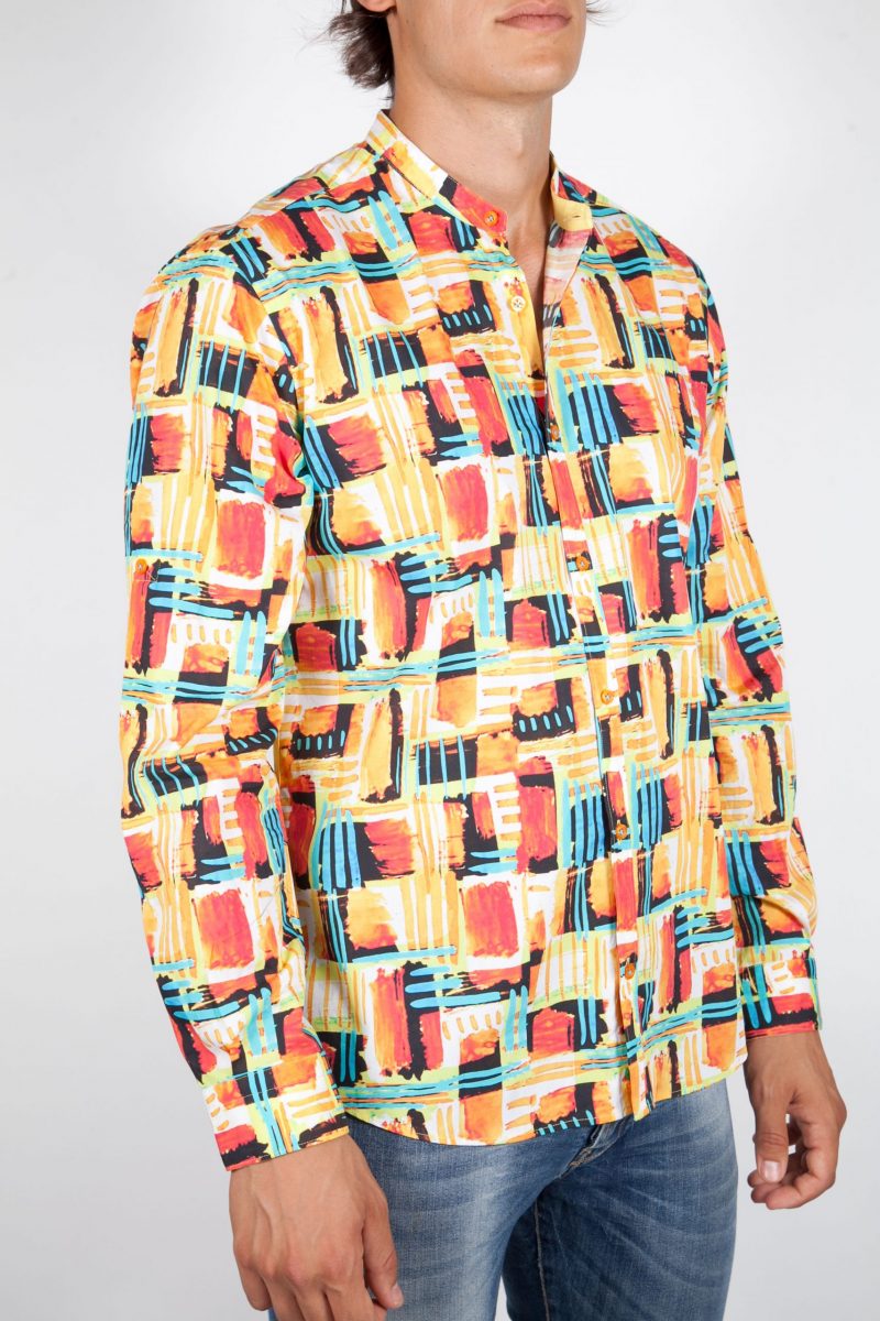 Multicolor Patterned Shirt with Mandarin Collar