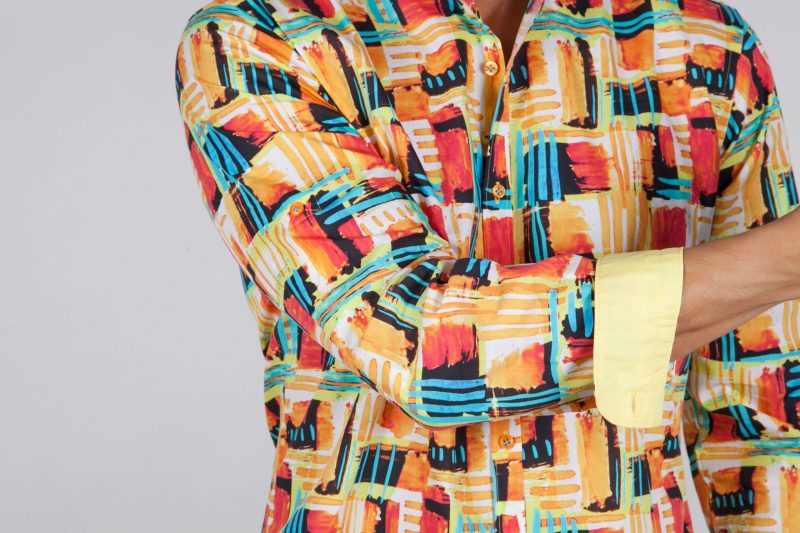 Multicolor Patterned Shirt with Mandarin Collar
