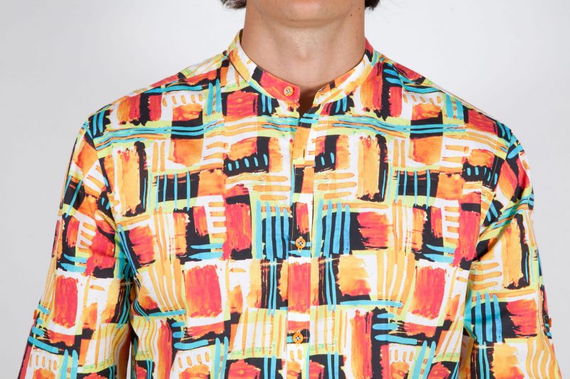 Multicolor Patterned Shirt with Mandarin Collar