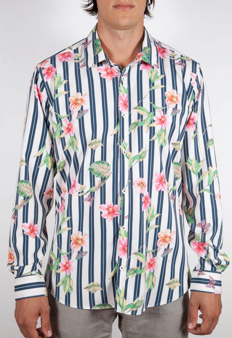 Striped Shirt with Floral Pattern soft Collar
