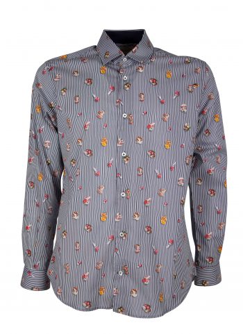 Camicia uomo stretch con stampa funghi su riga CALCI-73-136-01