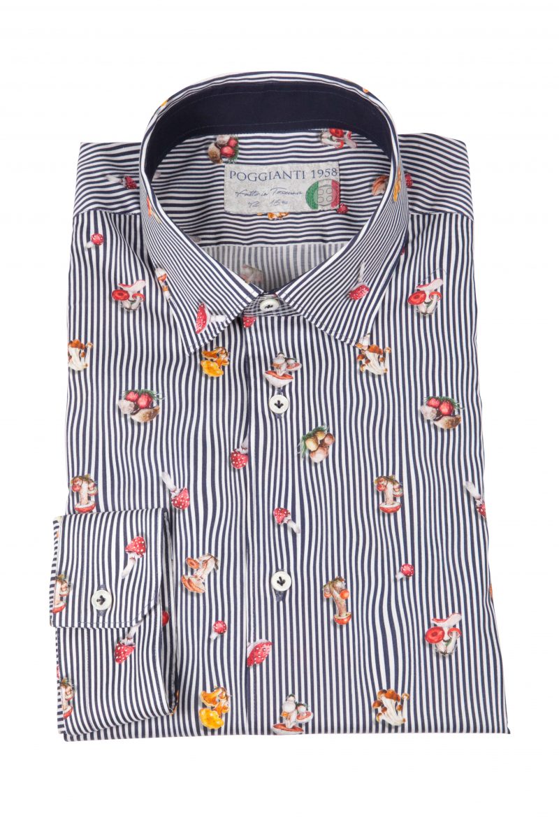 Camicia uomo stretch con stampa funghi su riga CALCI-73-136-01