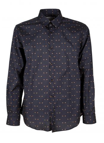 Blue men's patterned shirt with cat eyes PISA-UBBF-177-01