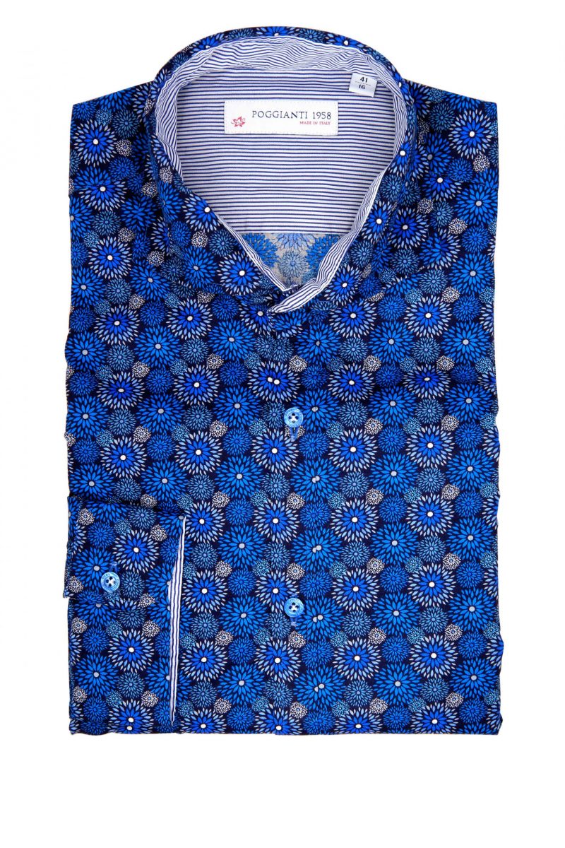 Camicia Fantasia  Collo Morbido Azzurro/Bianco