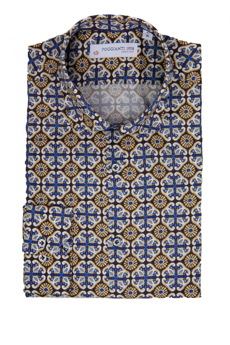 Camicia Fantasia  Collo Morbido Azzurro/Marrone